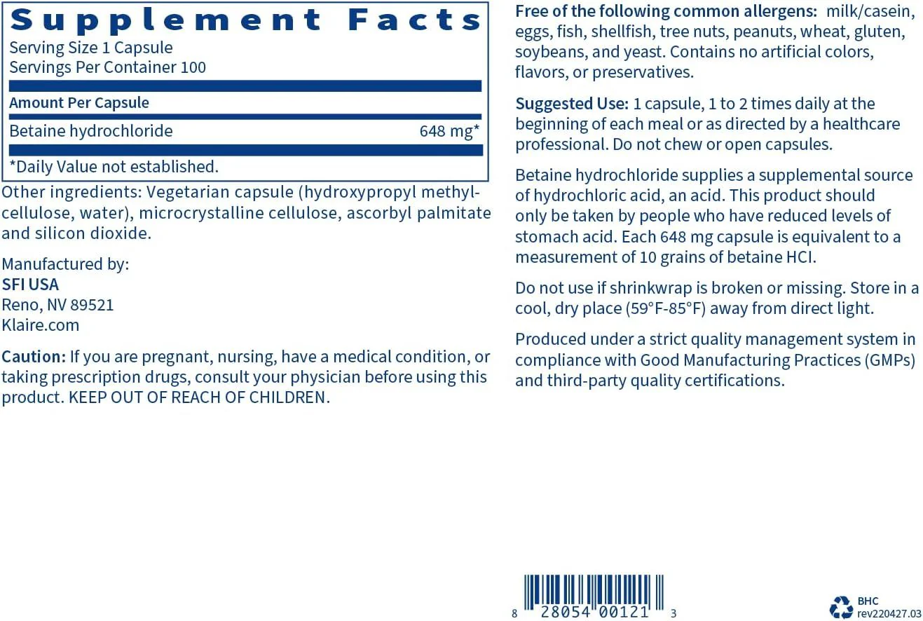 Betaine HCl 648 MG 100 Veggie Caps - Image 2