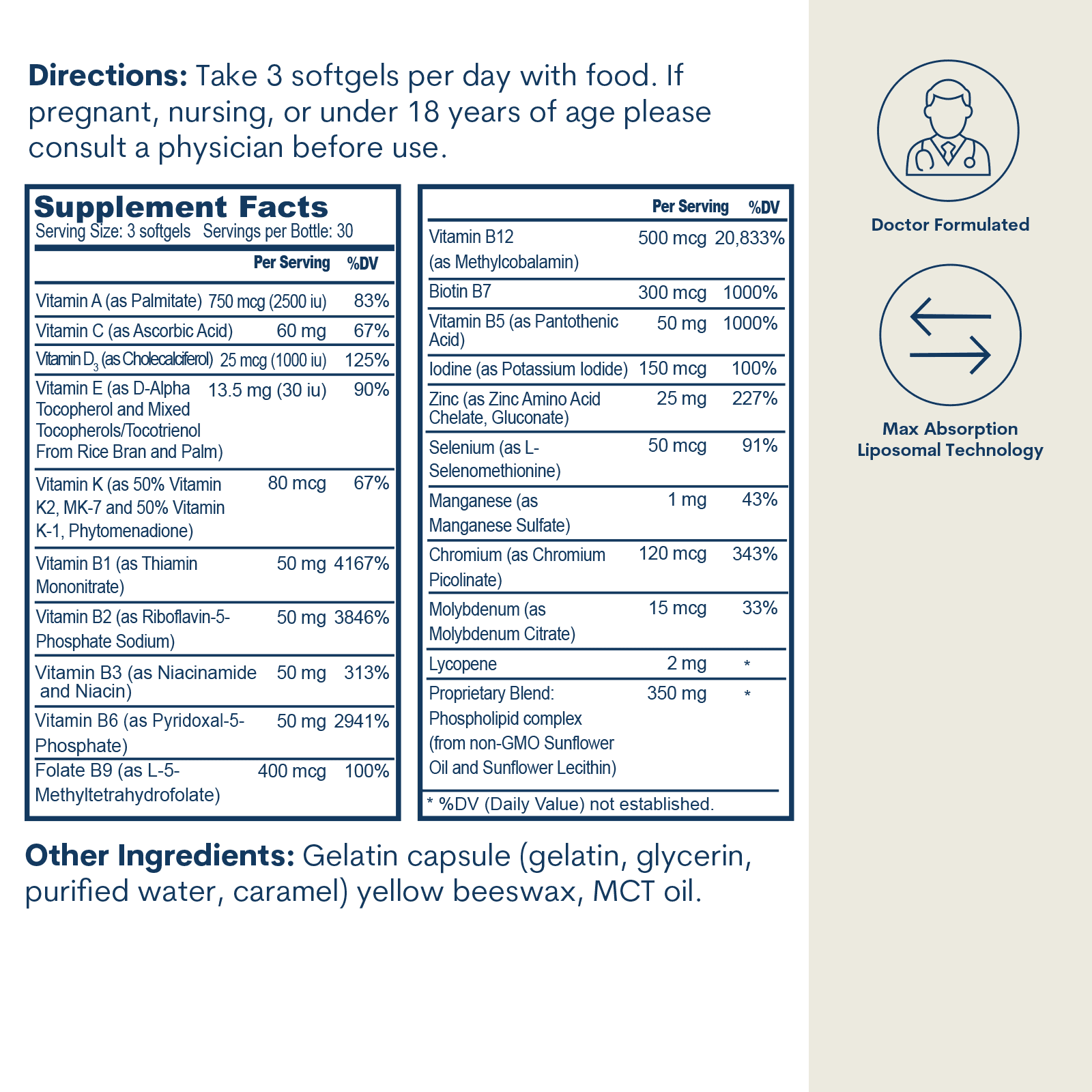 Liposomal Active B-Complex Multivitamin w/Minerals - Softgels (90 Count/ 30 Servings) - Image 3