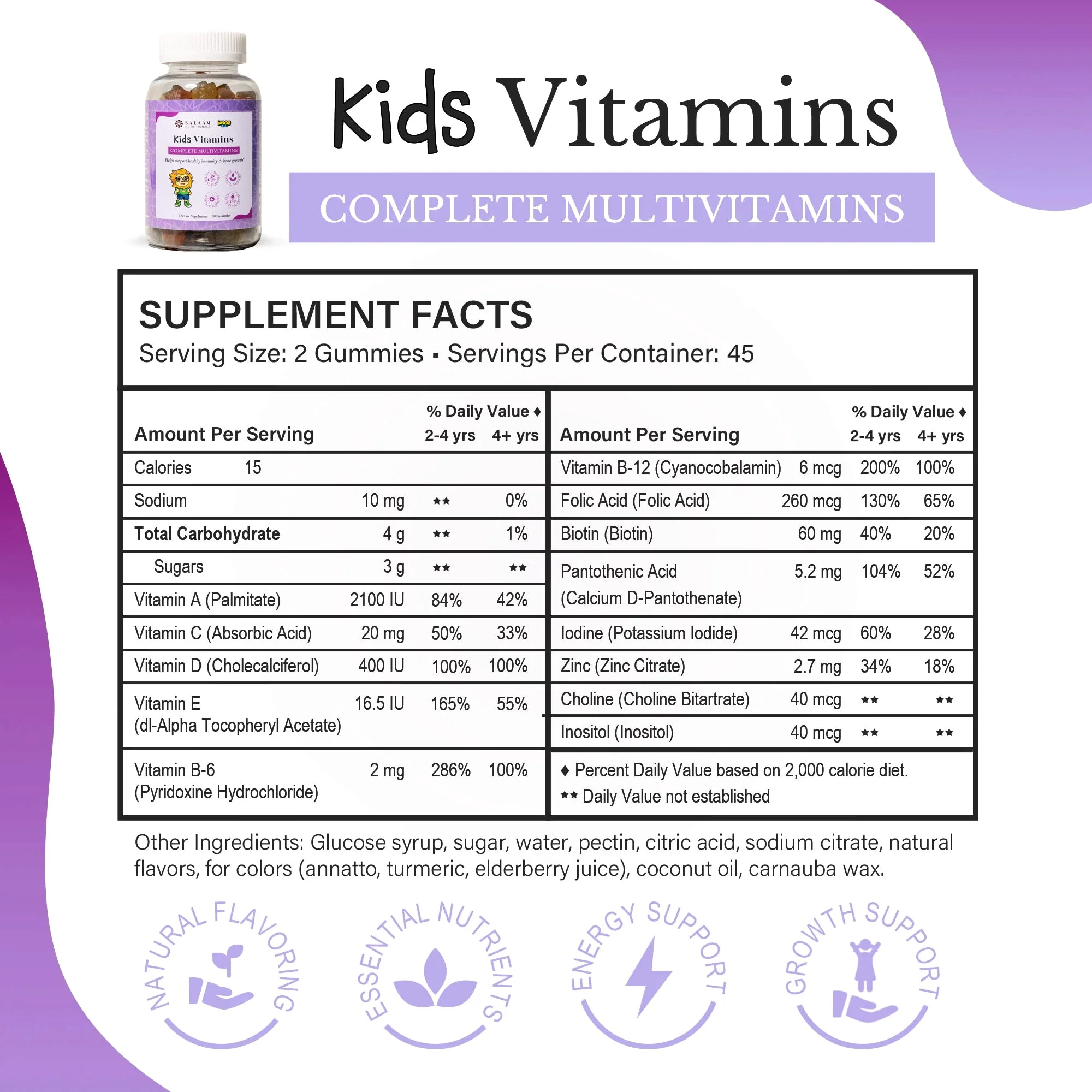 Noor Kids Halal Gummy Multivitamins with Vitamins A, C, E & Zinc - 90 Count | Salaam Nutritionals - Image 2