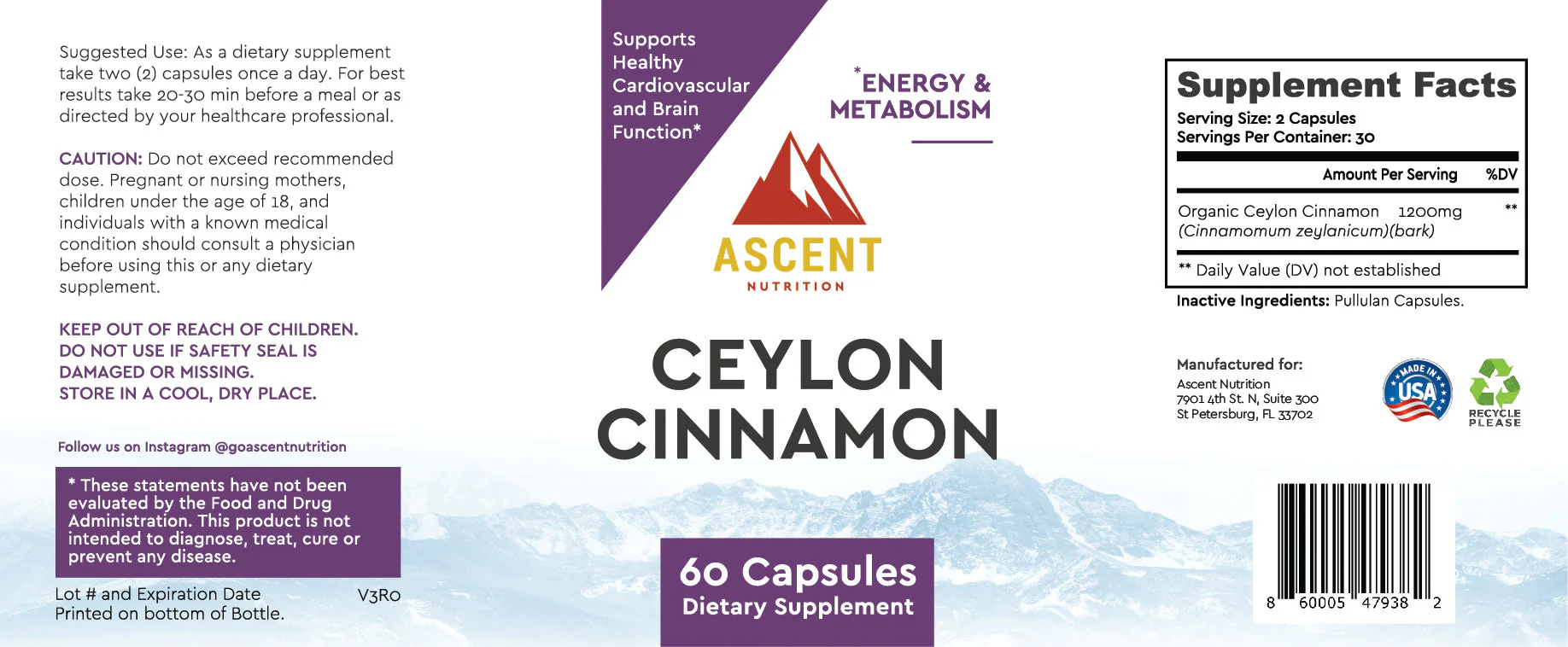 Organic Ceylon Cinnamon, 60 Capsules, 1200 mg - Image 3
