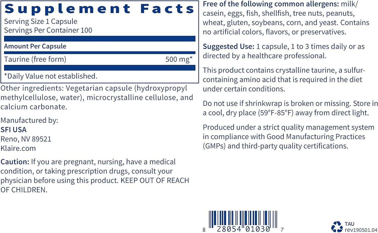 Taurine 500 MG 100 Veggie Caps - Image 2